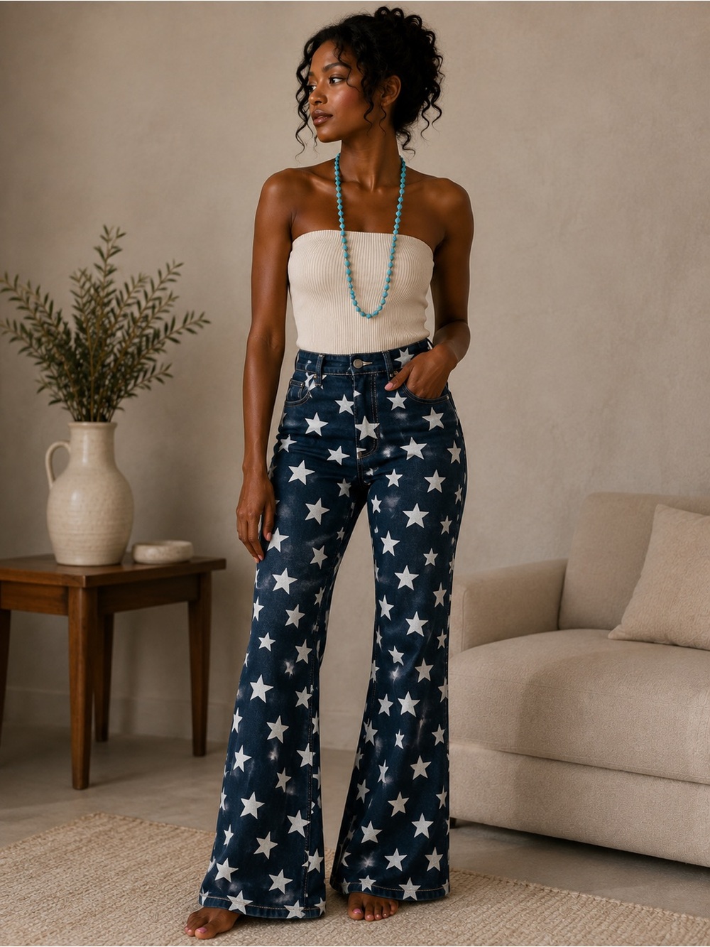 Judy Blue Navy Wide-Leg Star Print Jeans